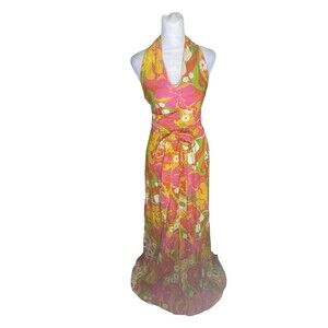 Vintage Floral Long Maxi Dress 1960's Halter Belt attached